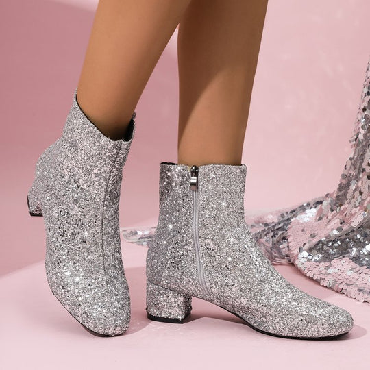 Damen glitzernde Stiefeletten mit kurzem Blockabsatz und seitlichem Reißverschluss EB