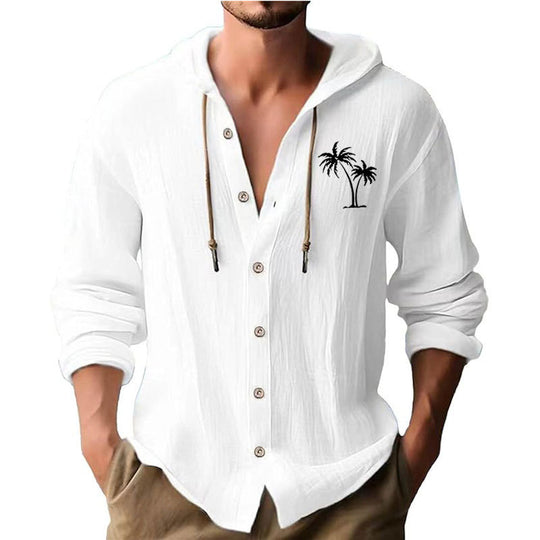 Herren lässiges Kapuzenshirt mit dekorativem Palmendruck und Knopfleiste EB
