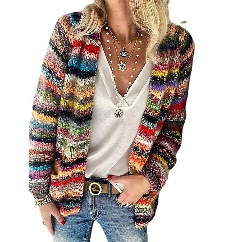 Damen Offen gestrickte Cardigan mit bunten Streifen und lässigem Schnitt EB