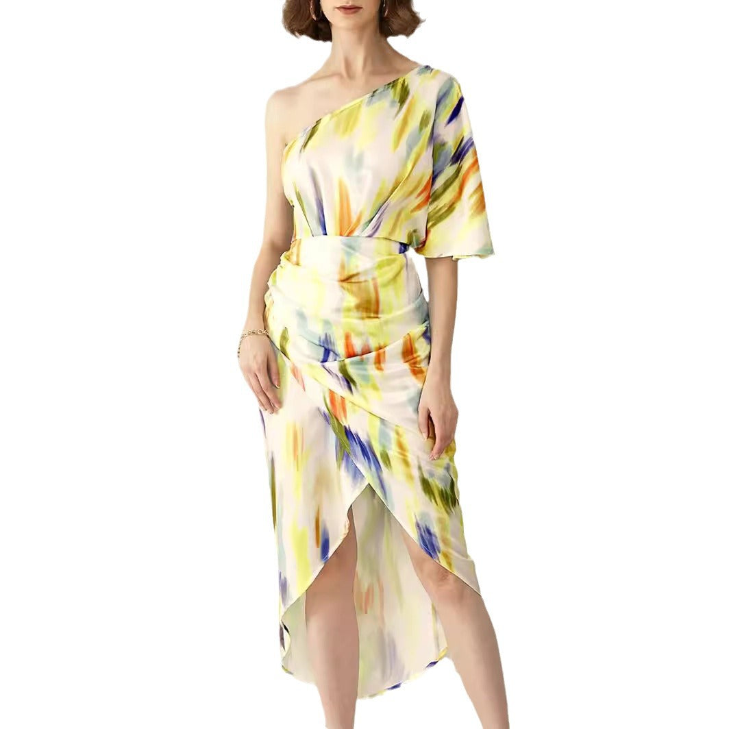 Damen One-Shoulder Kleid mit asymmetrischem Saum und fließendem Schnitt EB