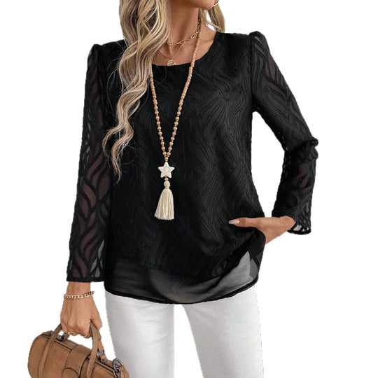 Damen Elegantes Transparente Bluse mit Wellenmuster EB