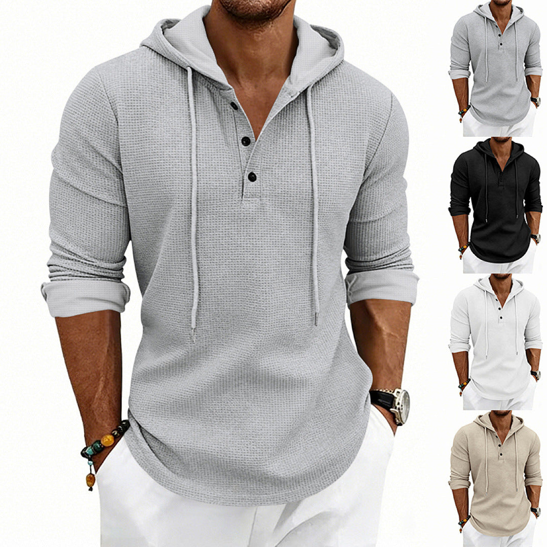 Herren Waffelstrick-Henley-Hoodie mit Knopfleiste und Kapuze EB