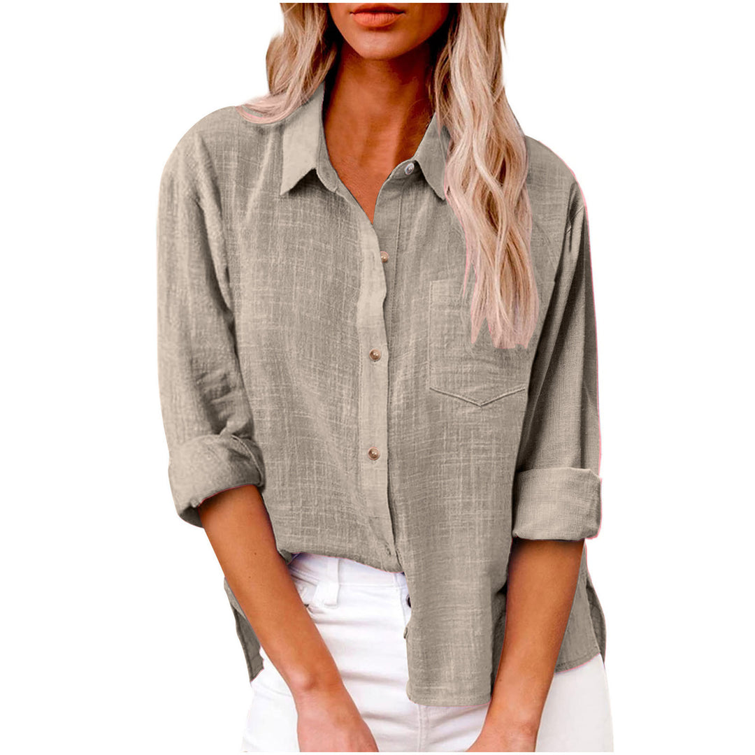 Damen nan oversized Leinen-Baumwollmix Hemdbluse mit Brusttasche und krempelbaren Ärmeln EB