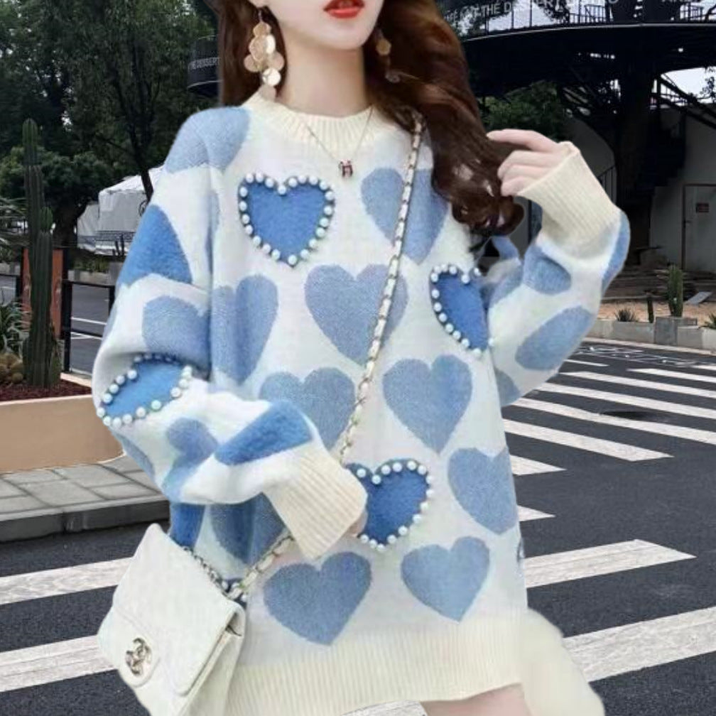 Damen Gemusterter Strickpullover mit Herz-Applikationen und Rippkragen EB