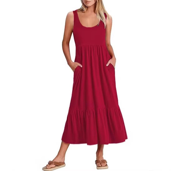 Damen Maxikleid mit fließendem Rock und praktischen Taschen EB