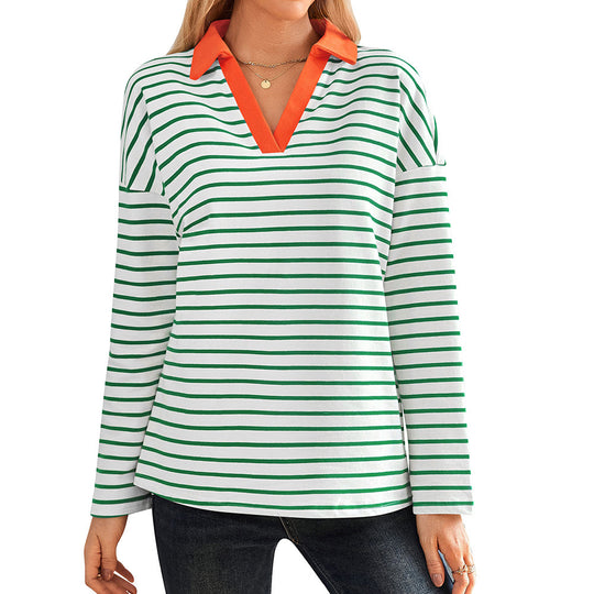 Damen gestreiftes Polo-Shirt mit V-Ausschnitt und kontrastierendem Kragen EB