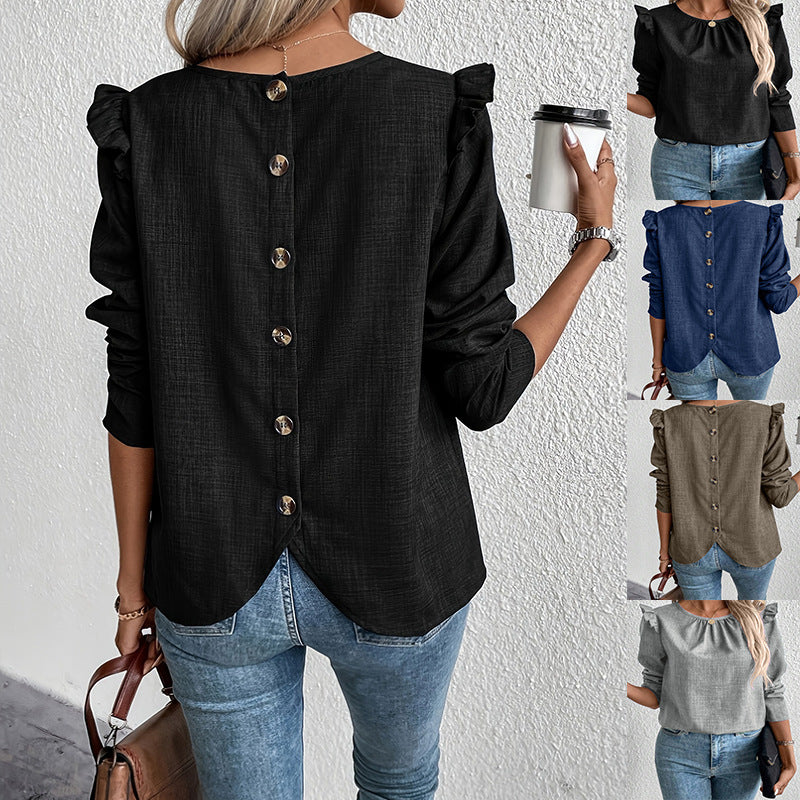 Damen Elegante Bluse mit Rüschendetails und Rundhalsausschnitt EB