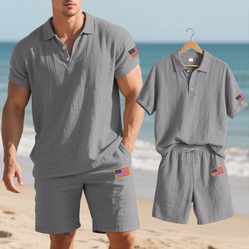 Herren Polo- und Shorts-Set mit gesticktem Länderflaggen-Motiv EB