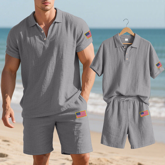 Herren Polo- und Shorts-Set mit gesticktem Länderflaggen-Motiv EB