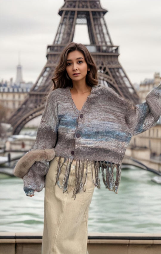 Damen Kurzer Strickjacke mit auffälligem Fransen-Design EB