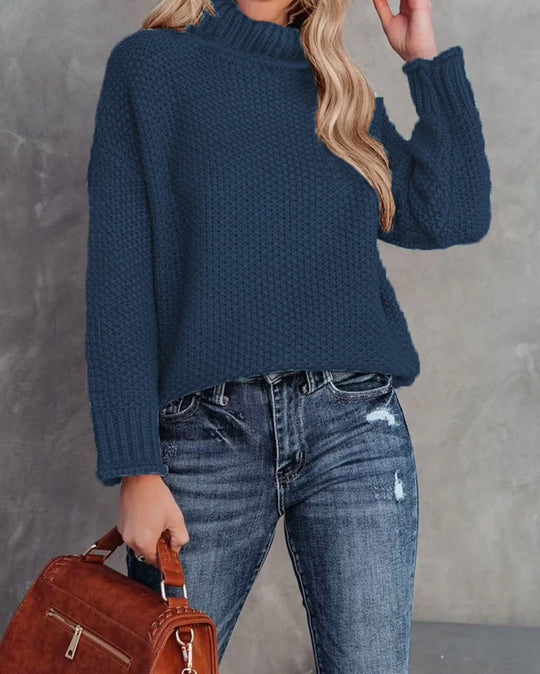 Damen kuscheliger Strickpullover mit hohem Kragen und luftiger Struktur EB