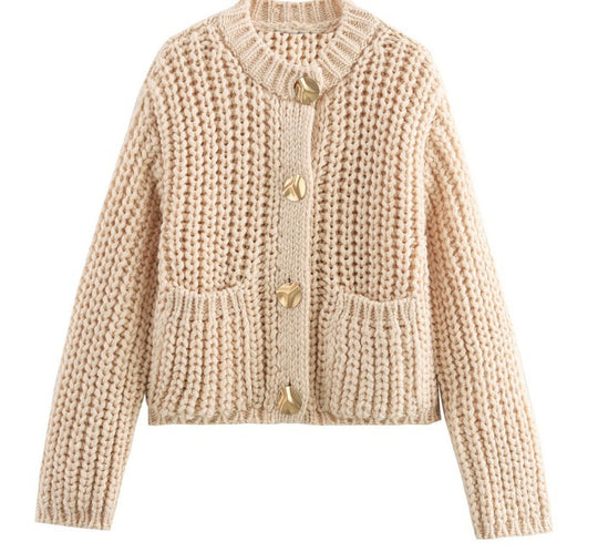 Damen kuschelige Strickjacke mit dekorativen Knöpfen und praktischen Taschen EB