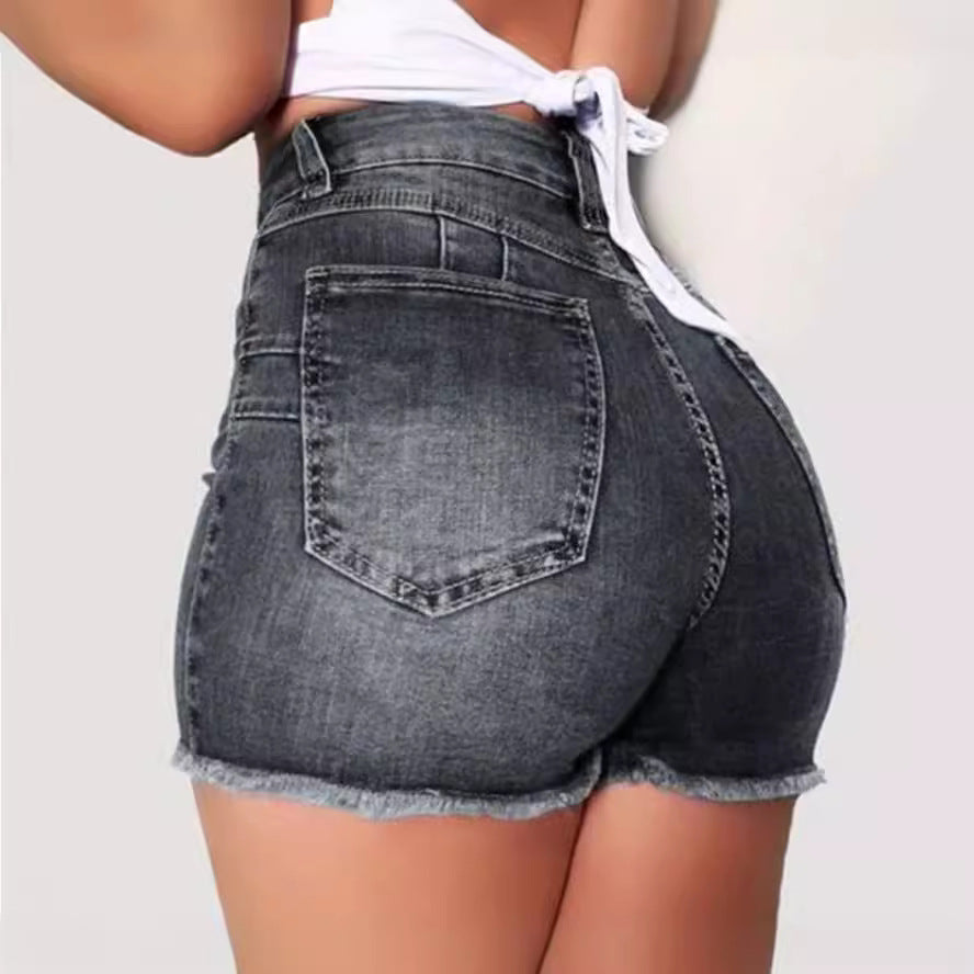 Damen Jeans-Shorts mit hohem Bund und ausgefranstem Saum EB
