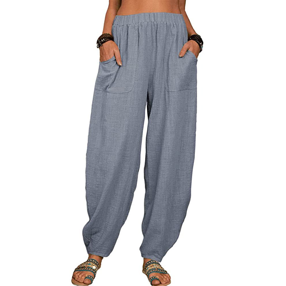 Damen nan lockere Leinenhose mit weitem Bein elastischem Bund und großen aufgesetzten Taschen EB