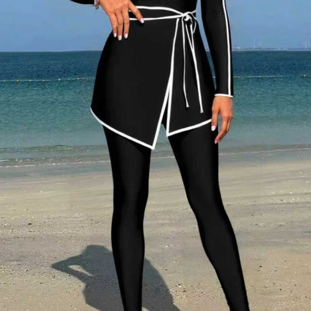 Damen modischer Langarm-Schwimmanzug mit Wickelrock EB