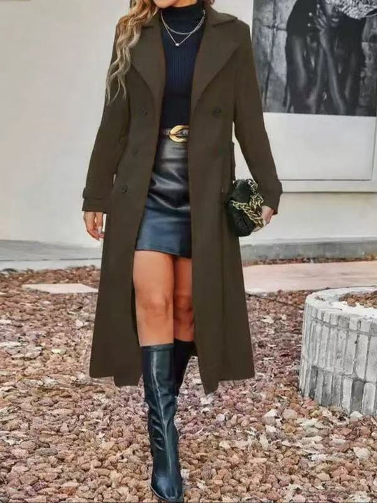 Damen nan langer taillierter Mantel doppelreihig mit weitem Reverskragen und verdeckten Eingrifftaschen EB