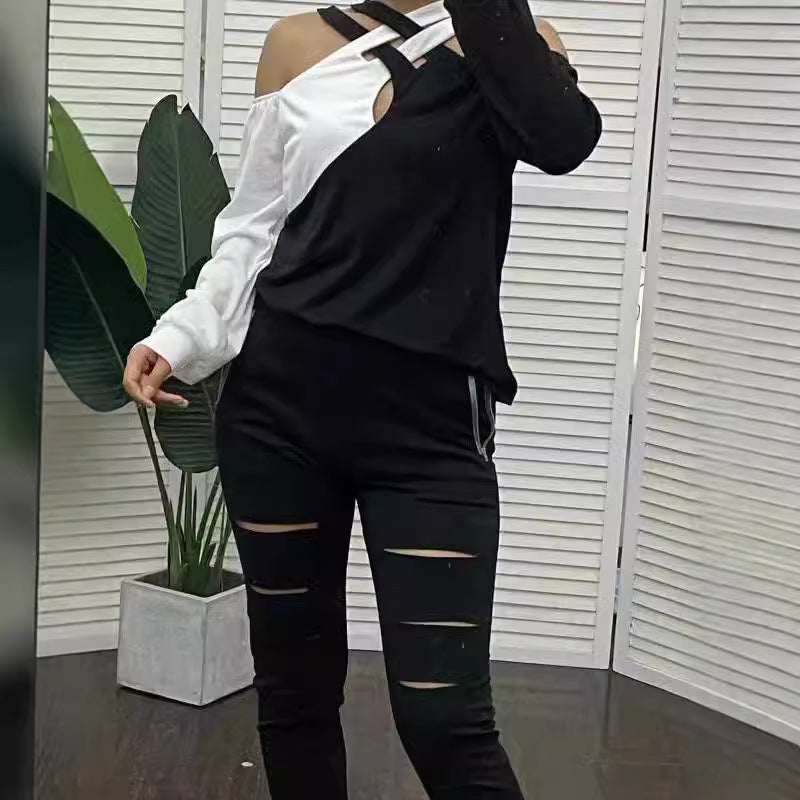 Damen Modisches Oberteil mit Cut-Out-Design und asymmetrischen Ärmeln EB