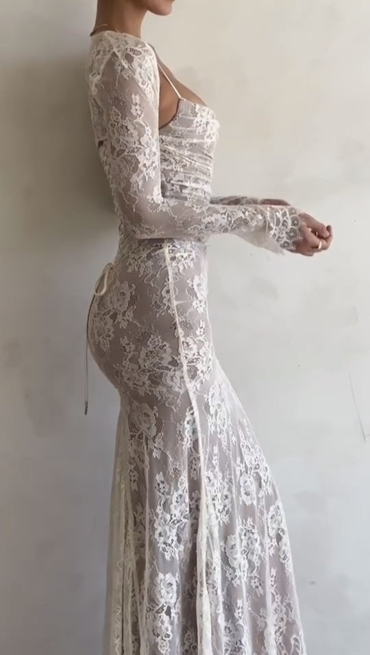 Damen Maxikleid aus zarter Spitze mit langen Ärmeln EB