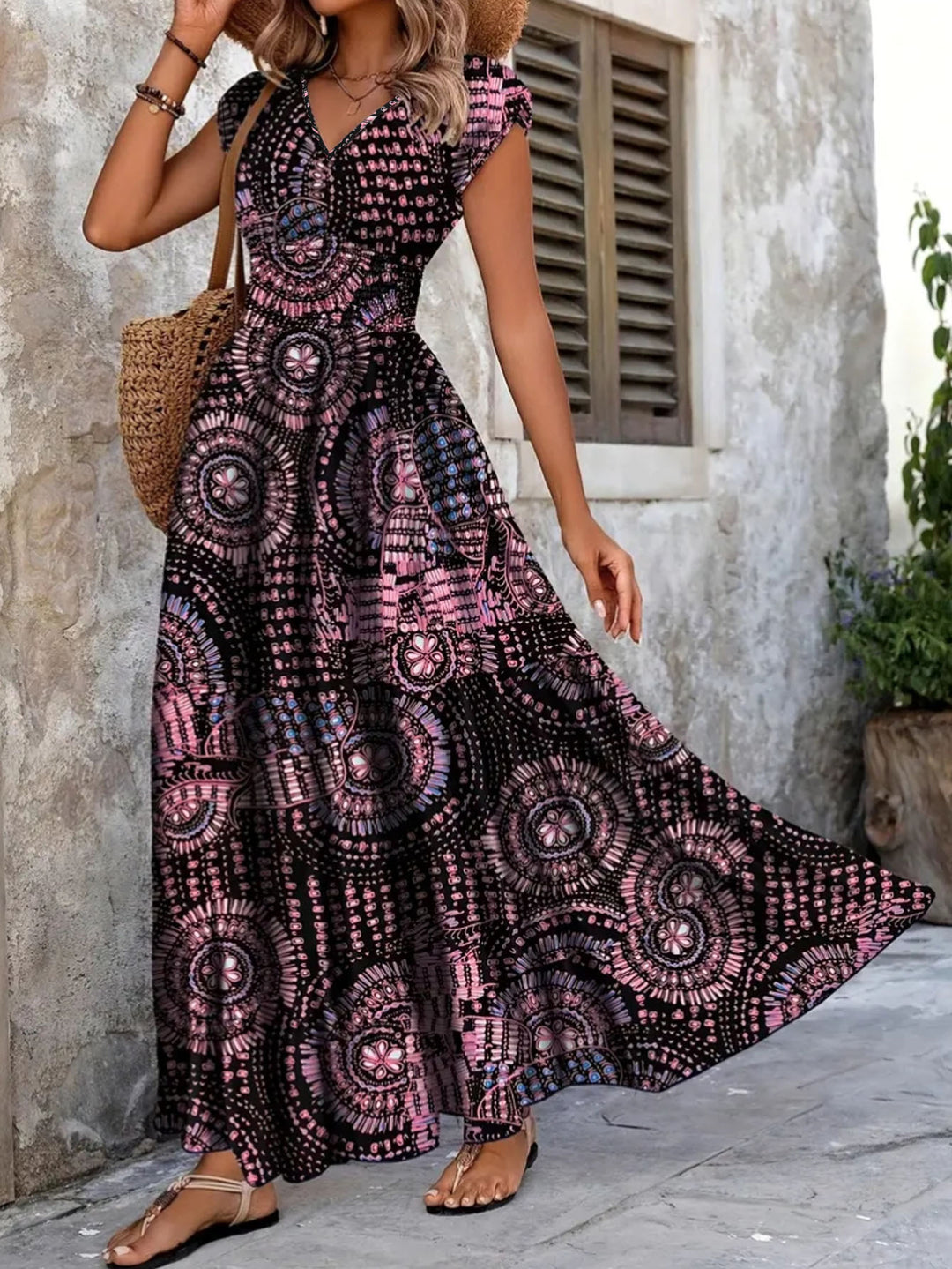 Damen Maxi-Kleid mit floralem Design und schmeichelndem V-Ausschnitt EB