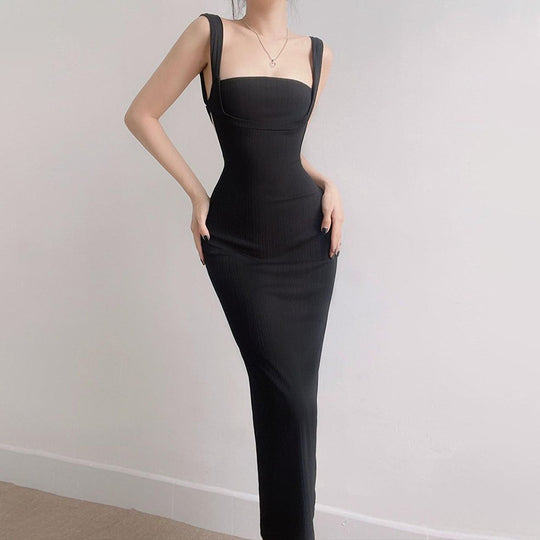 Damen figurbetontes Maxikleid mit quadratischem Ausschnitt und Rippmaterial EB