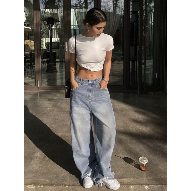 Damen weite High-Waist Jeans mit dekorativen Taschen EB