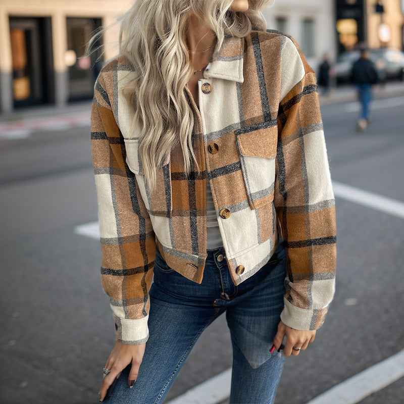 Damen Karierte Baumwolljacke mit modischem Schnitt und Taschen EB