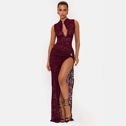 Damen Elegantes Spitzenkleid mit tiefem V-Ausschnitt und drapiertem Saum EB