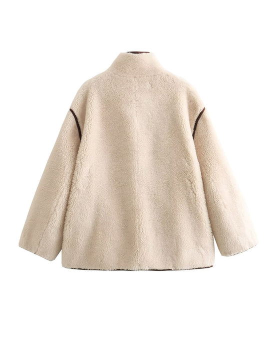 Damen Teddyfelljacke mit stylischem Stehkragen und praktischen Taschen EB