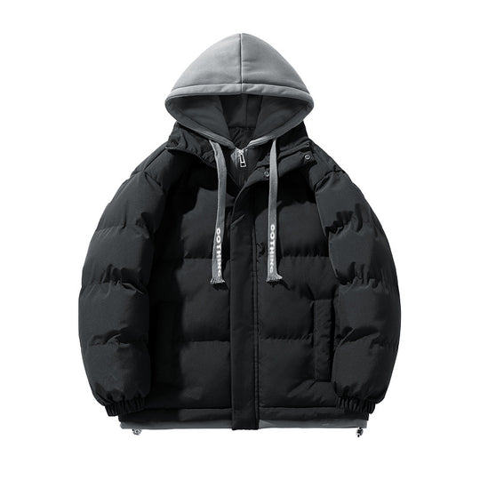 Unisex kurz geschnittene gesteppte Pufferjacke mit zweilagiger Kontrastkapuze EB