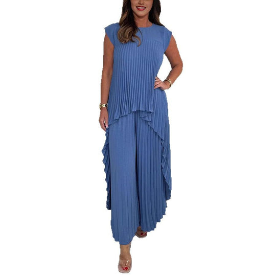Damen elegantes Plissee-Jumpsuit mit asymmetrischem Saum und fließendem Design EB