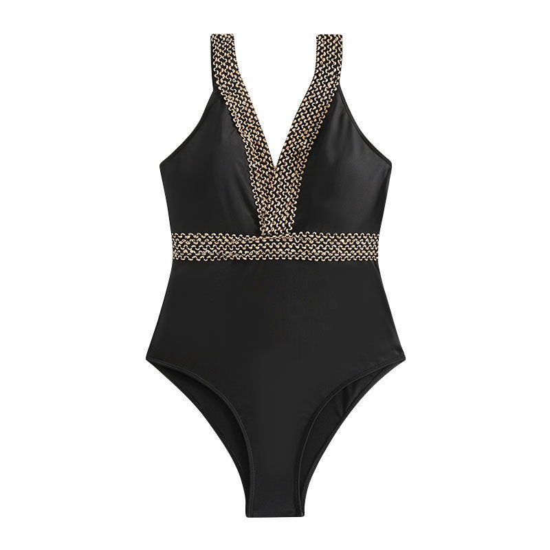 Damen eleganter Einteiler Badeanzug mit tiefem V-Ausschnitt und goldenen Akzenten EB