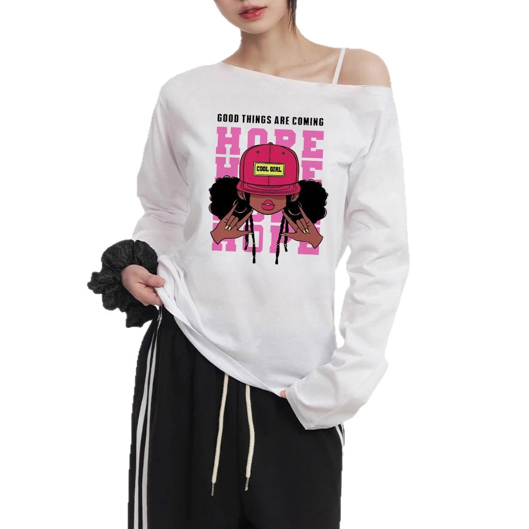 Damen nan lässiges Off-Shoulder Langarmshirt mit großflächigem Cartoon-Grafikprint und elastischem Baumwollmix EB