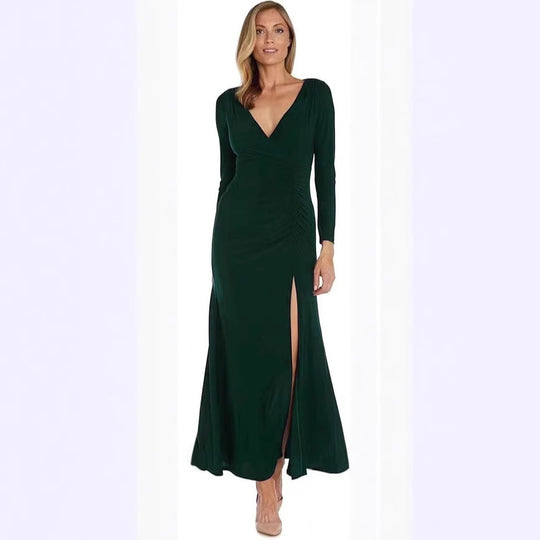 Damen elegantes Maxikleid mit hohem Schlitz und raffiniertem V-Ausschnitt EB