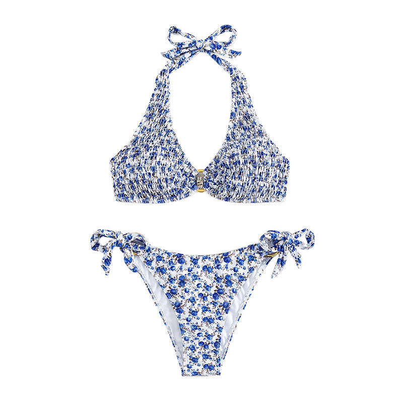 Damen Halter-Bikini mit floralem Design und verspielten Bindebändern EB
