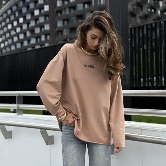 Damen Oversized Longsleeve-Sweatshirt mit Statement-Print und Rundhalsausschnitt EB