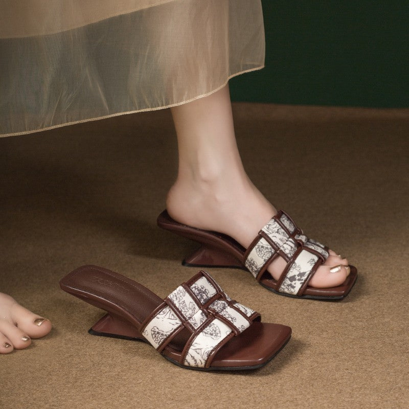 Damen elegante Slingback-Pantoletten mit floralem Druck und breiten Riemen EB