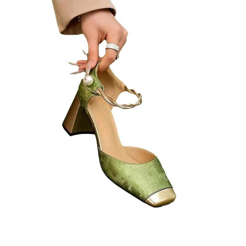 Damen nan elegante Slingback-Pumps mit quadratischer Zehenform, Jacquard-Obermaterial und gedrehtem Schmuckriemen EB