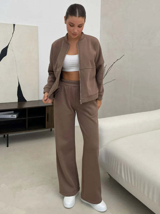 Damen Zweiteiliges Loungewear-Set mit kurzem Bomber-Zip und weiter hochgeschnittener Jogginghose EB