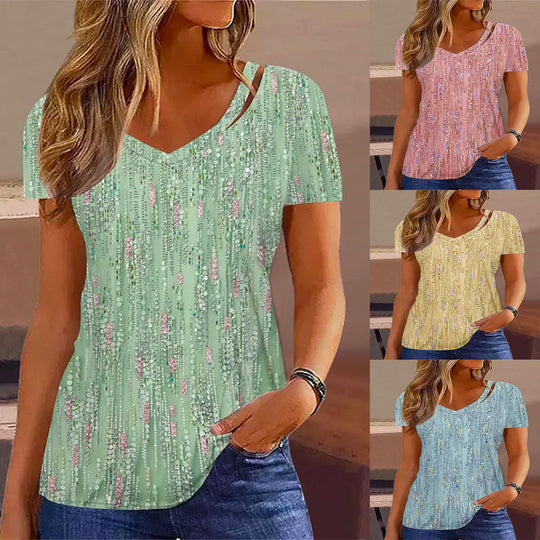 Damen V-Ausschnitt T-Shirt mit Glitzer-Detail und lockerer Passform EB