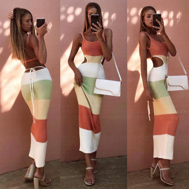 Damen Maxi-Rock mit einzigartigem Cut-Out-Design und Streifenmuster EB