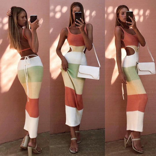 Damen Maxi-Rock mit einzigartigem Cut-Out-Design und Streifenmuster EB