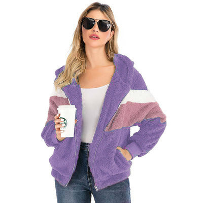 Damen Fleecejacke mit kontrastierenden Streifen und Kapuze EB