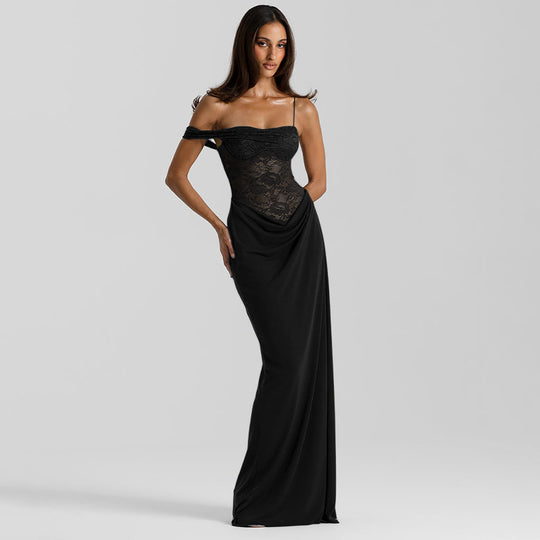 Damen Off-Shoulder Abendkleid mit raffinierten Spitzen-Applikationen und fließendem Material EB