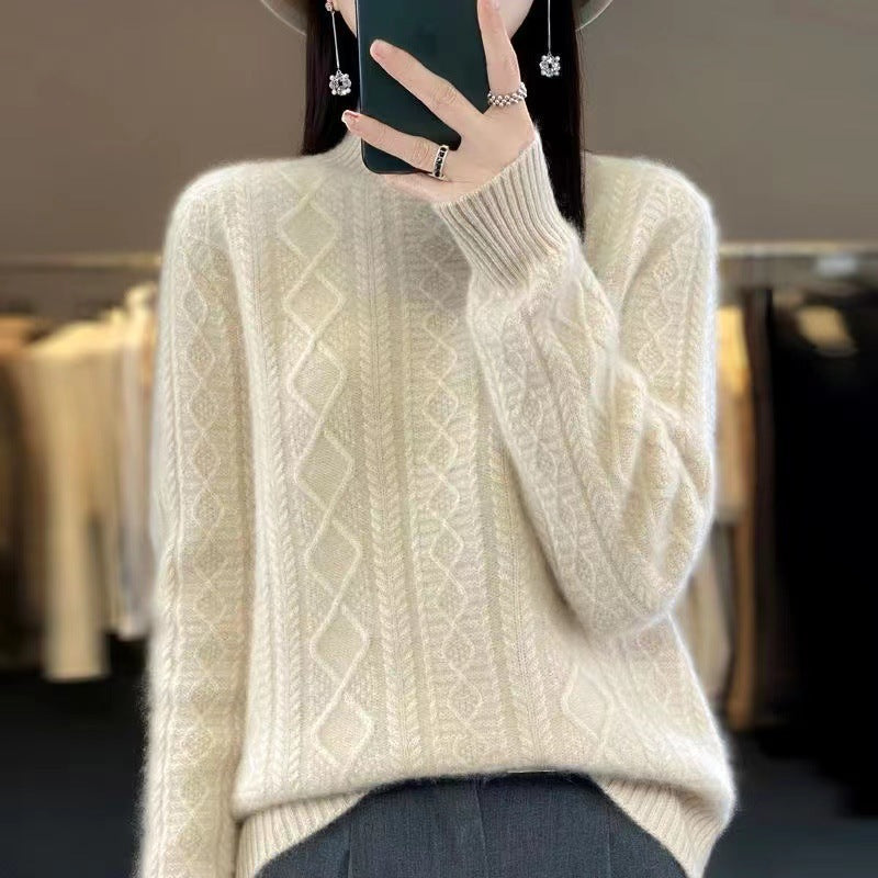 Damen Hochwertiger Strickpullover mit Stehkragen und Zopfdesign EB