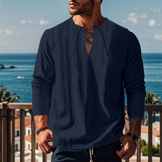 Herren modisches Langarmshirt mit Schnürung und V-Ausschnitt EB