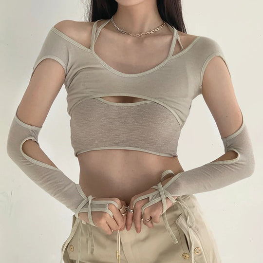 Damen Crop-Top mit raffinierten Rüschendetails und langärmligem Design EB