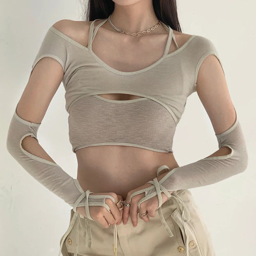 Damen Crop-Top mit raffinierten Rüschendetails und langärmligem Design EB