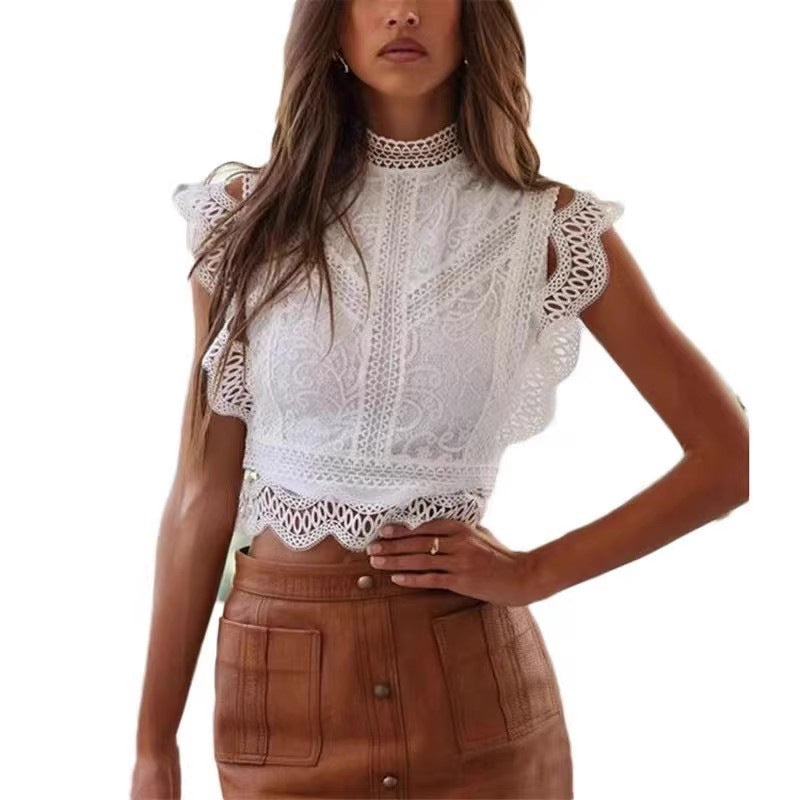 Damen elegante Spitzenbluse mit Rüschensaum EB