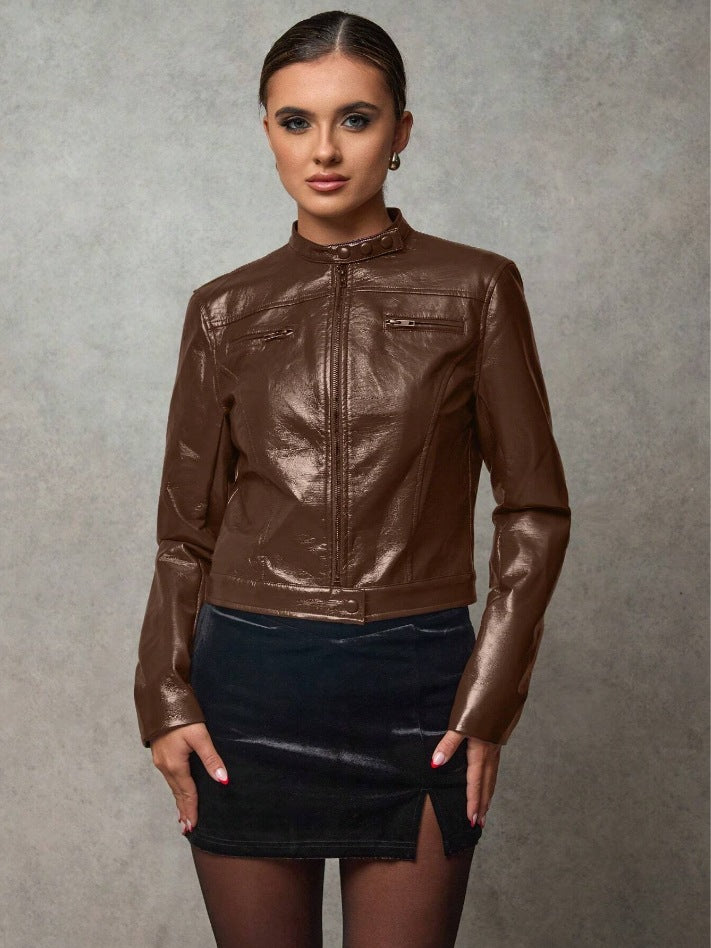 Damen Kurze Kunstlederjacke mit asymmetrischem Schnitt EB