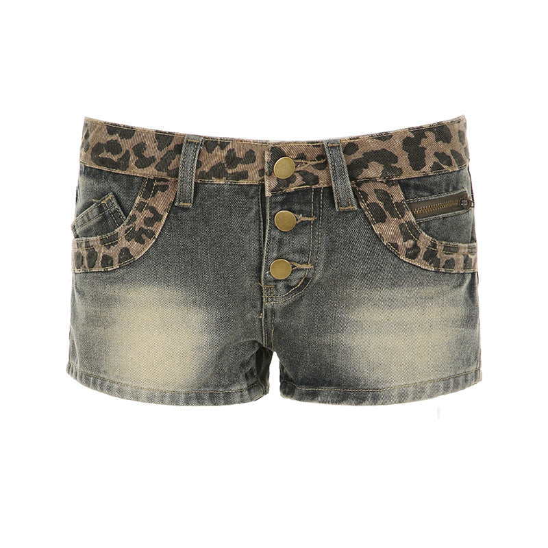 Damen Kurze Jeansshorts mit Leopardenmuster und gerafftem Bund EB